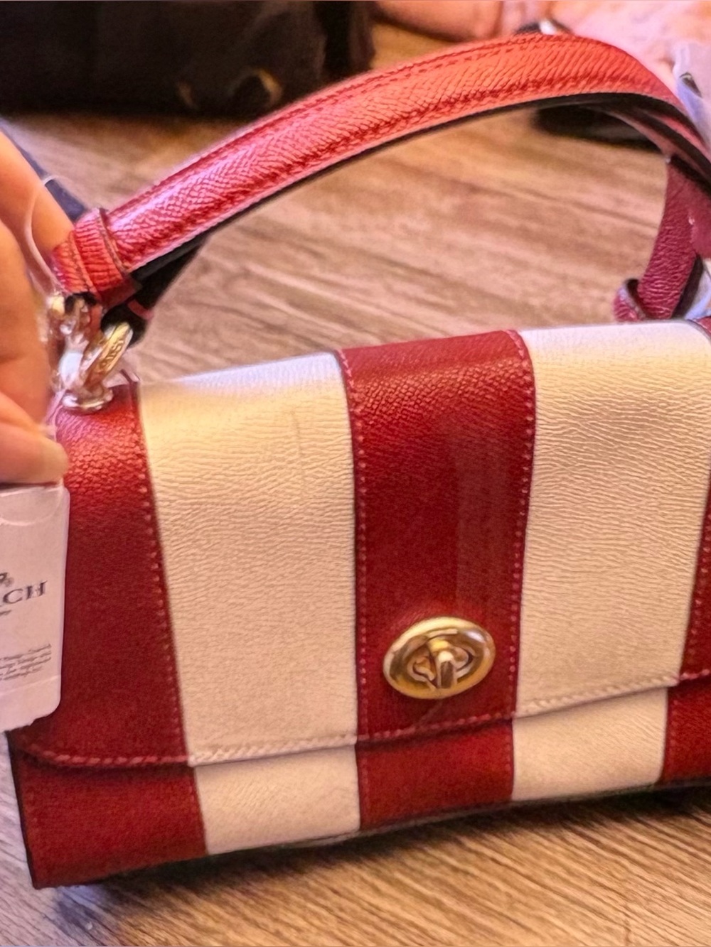 Coach Red and Cream Striped Leather Shoulder Bag with Gold Turn-Lock